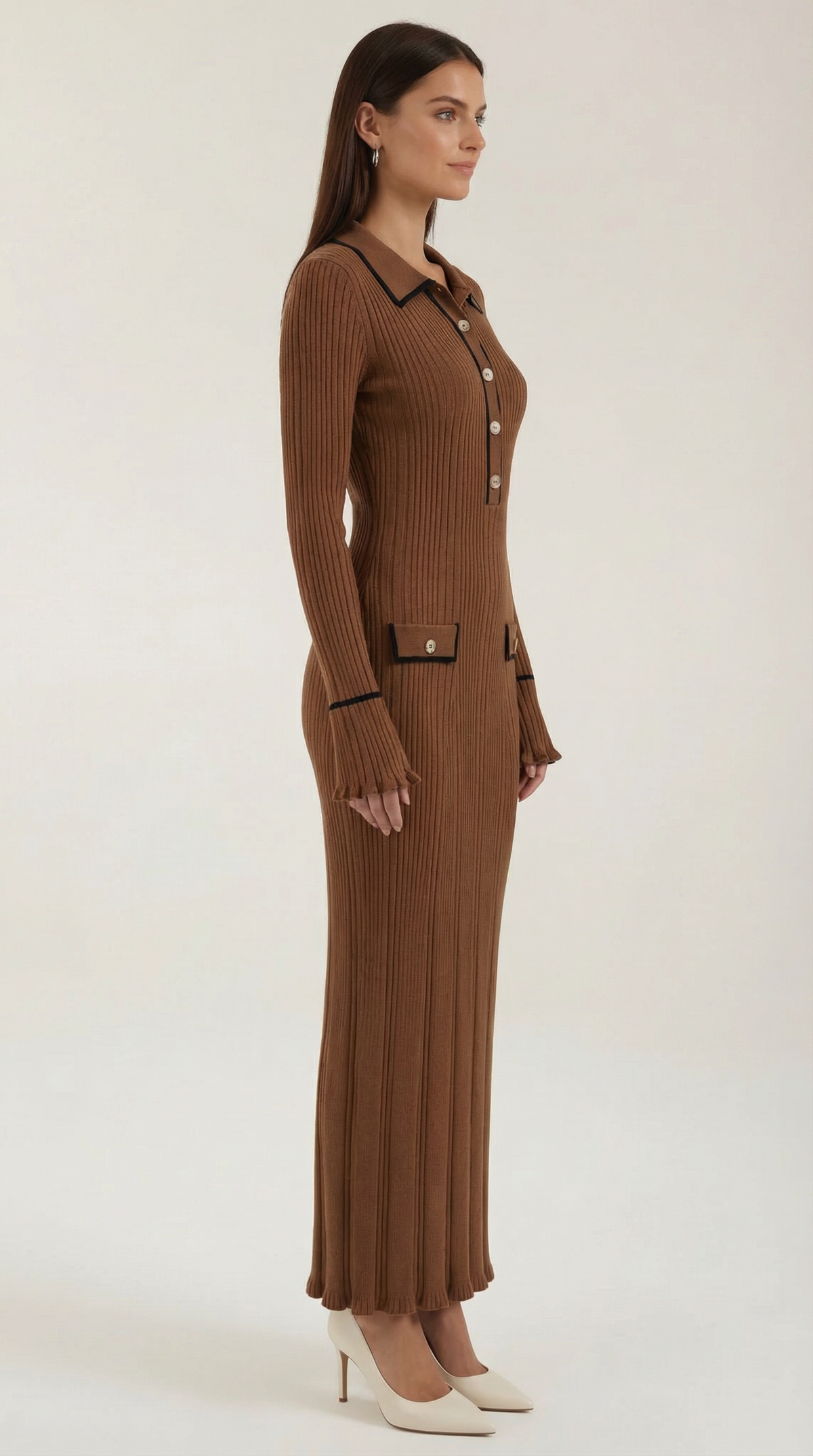 Robe maxi côtelée à col chemise pour femmes
