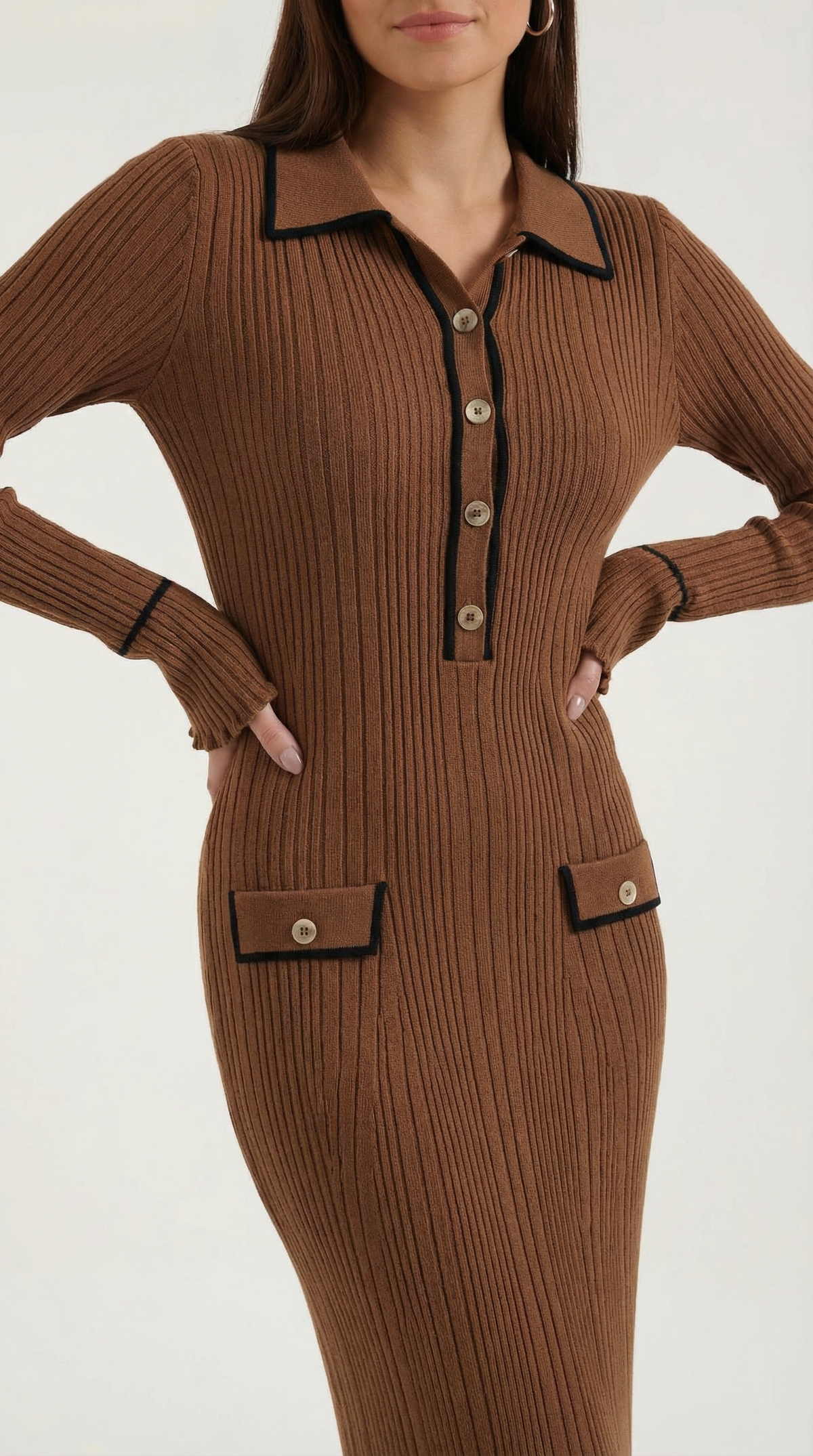 Robe maxi côtelée à col chemise pour femmes