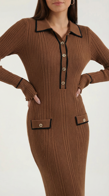 Robe maxi côtelée à col chemise pour femmes