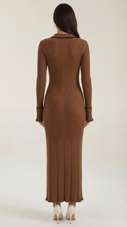 Robe maxi côtelée à col chemise pour femmes