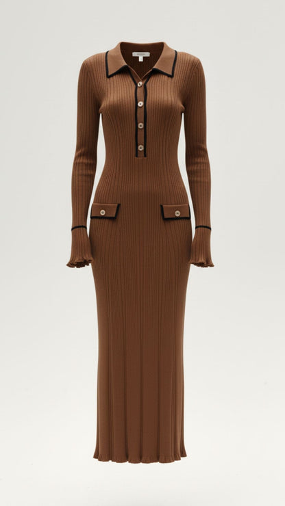 Robe maxi côtelée à col chemise pour femmes