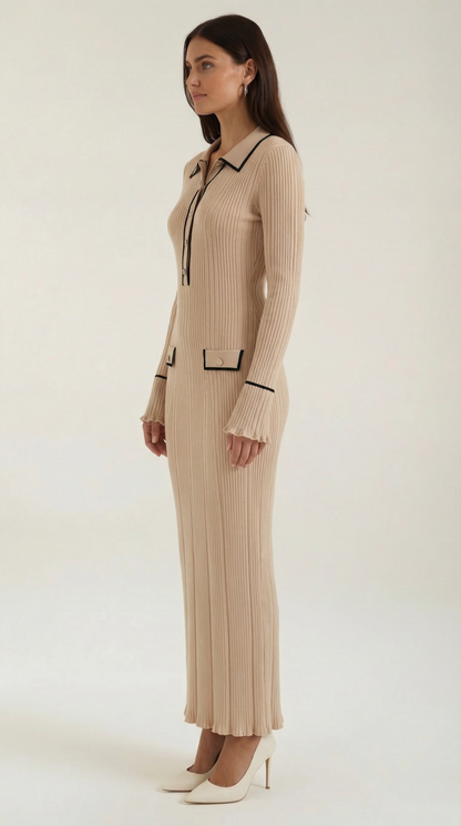 Robe maxi côtelée à col chemise pour femmes