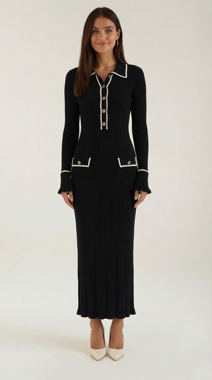 Robe maxi côtelée à col chemise pour femmes