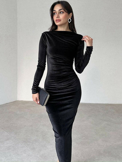 Robe midi drapée col bateau pour femmes
