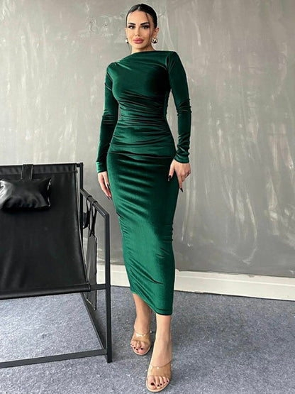 Robe midi drapée col bateau pour femmes