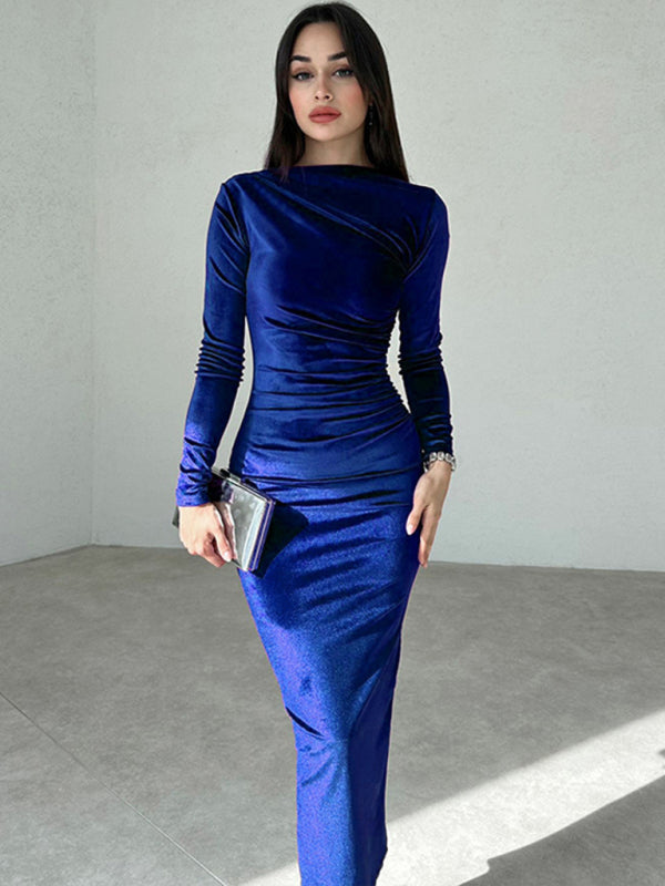 Robe midi drapée col bateau pour femmes