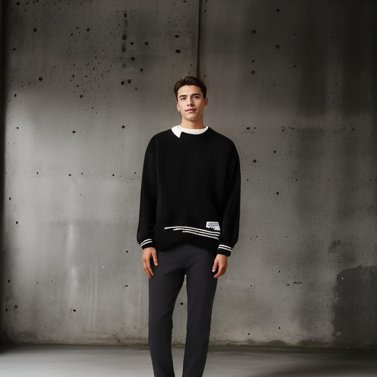 Pull en Maille avec Col Rond et Poignets Côtelés pour Homme | Tenue Décontractée Quotidienne
