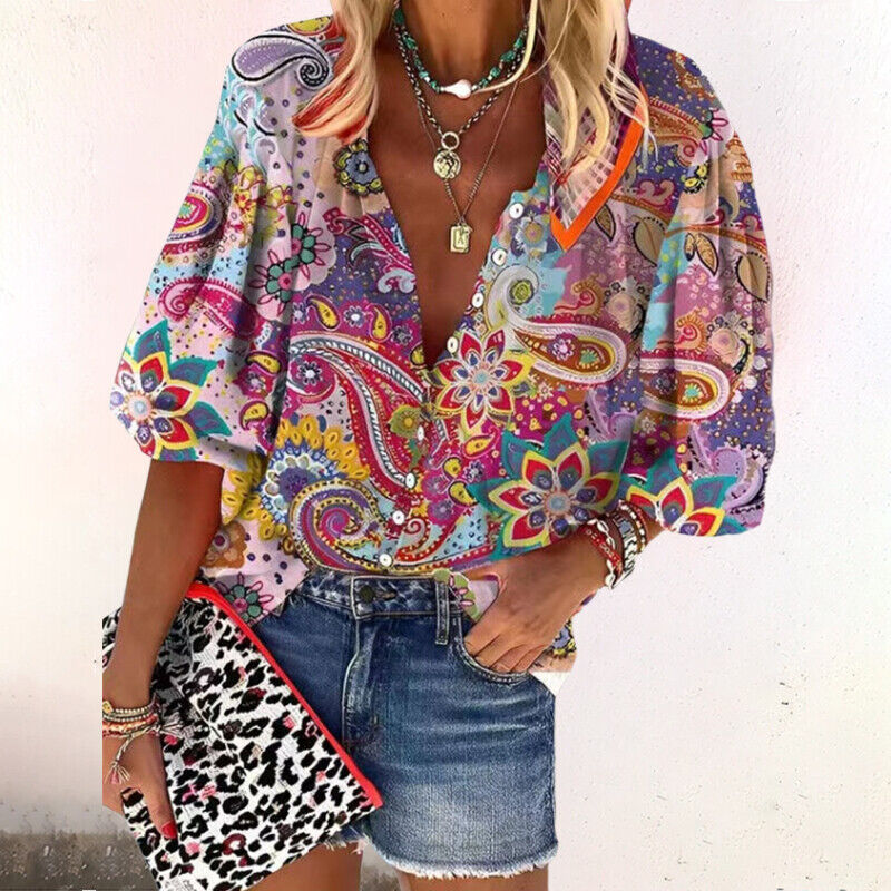 Blouse à Manches Courtes avec Imprimé et Fermeture Boutonnée pour Femme | Idéale pour la Saison Estivale