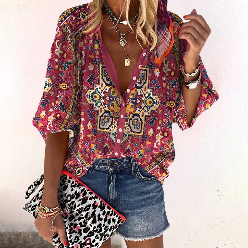 Blouse à Manches Courtes avec Imprimé et Fermeture Boutonnée pour Femme | Idéale pour la Saison Estivale