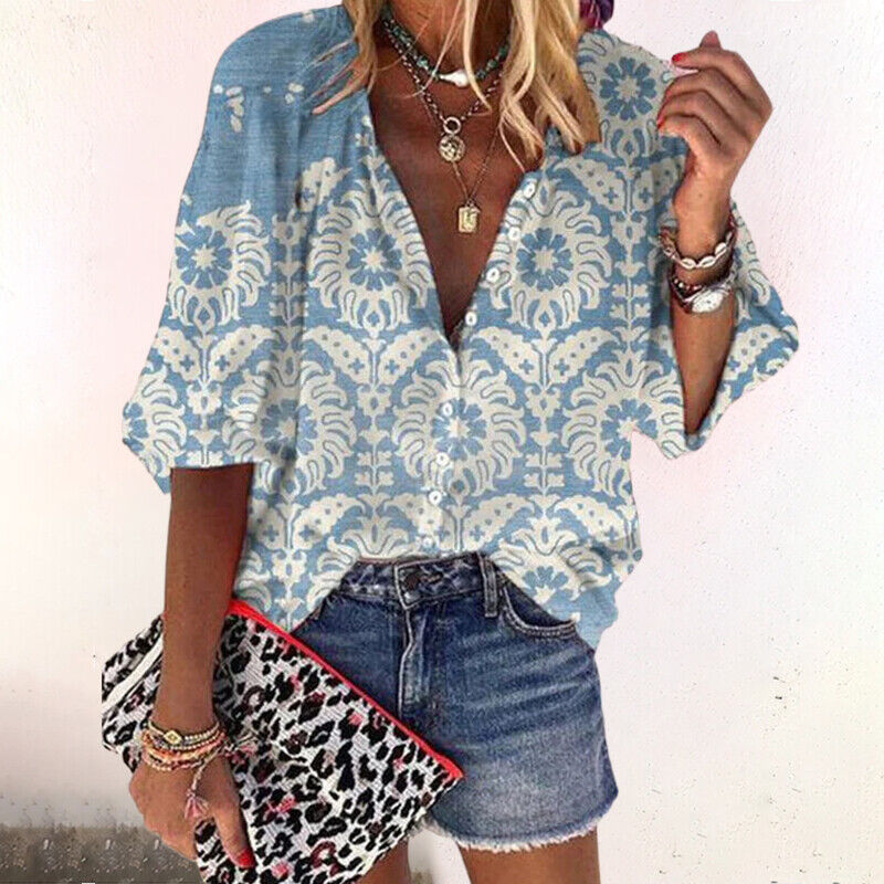 Blouse à Manches Courtes avec Imprimé et Fermeture Boutonnée pour Femme | Idéale pour la Saison Estivale