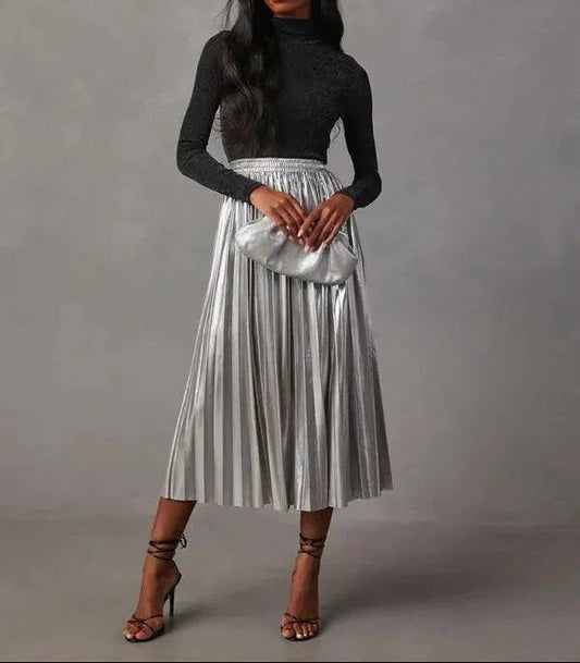 Jupe Mi-Longue Taille Haute A-Ligne Plissée Avec Finition Brillante Pour Femme | Idéale Pour Le Quotidien Et Les Occasions Planifiées