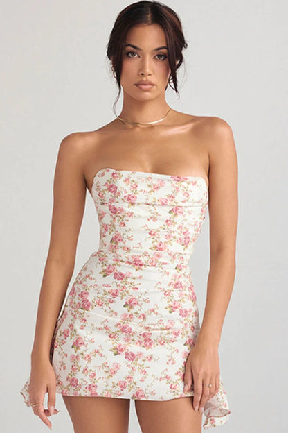 Robe Mini à Fleurs sans Bretelles avec Finition Plissée pour Femme | Idéale pour l'été