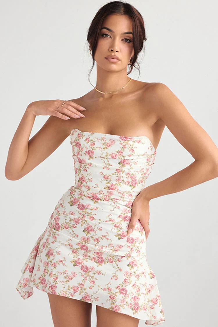 Robe Mini à Fleurs sans Bretelles avec Finition Plissée pour Femme | Idéale pour l'été