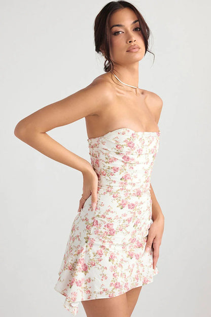 Robe Mini à Fleurs sans Bretelles avec Finition Plissée pour Femme | Idéale pour l'été