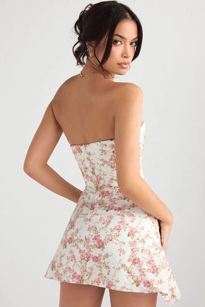 Robe Mini à Fleurs sans Bretelles avec Finition Plissée pour Femme | Idéale pour l'été
