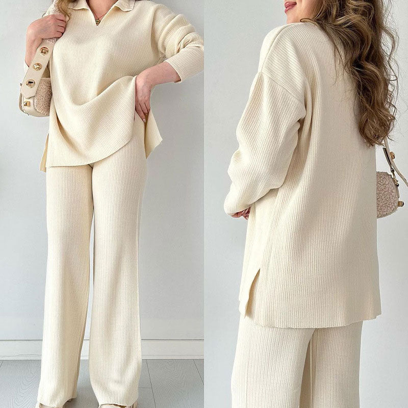 Ensemble Lounge Avec Texture Côtelée Et Pantalon À Jambe Large Pour Femmes | Idéal Pour Un Usage Quotidien