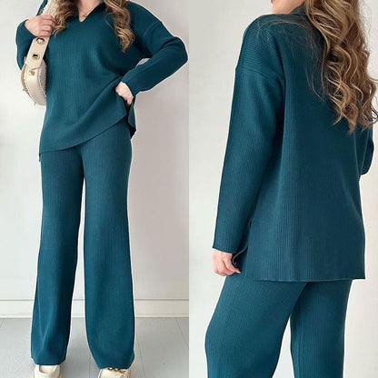 Ensemble Lounge Avec Texture Côtelée Et Pantalon À Jambe Large Pour Femmes | Idéal Pour Un Usage Quotidien
