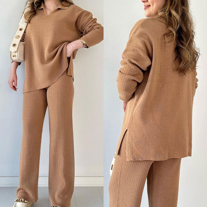 Ensemble Lounge Avec Texture Côtelée Et Pantalon À Jambe Large Pour Femmes | Idéal Pour Un Usage Quotidien