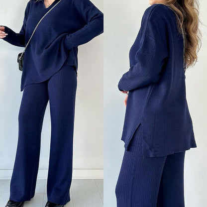 Ensemble Lounge Avec Texture Côtelée Et Pantalon À Jambe Large Pour Femmes | Idéal Pour Un Usage Quotidien
