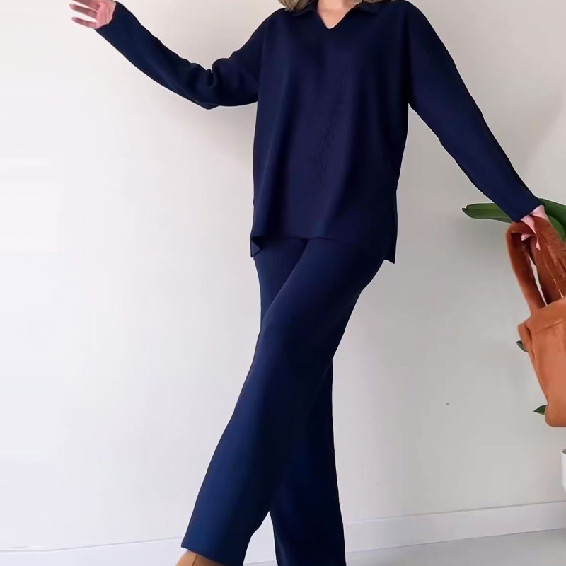 Ensemble Lounge Avec Texture Côtelée Et Pantalon À Jambe Large Pour Femmes | Idéal Pour Un Usage Quotidien