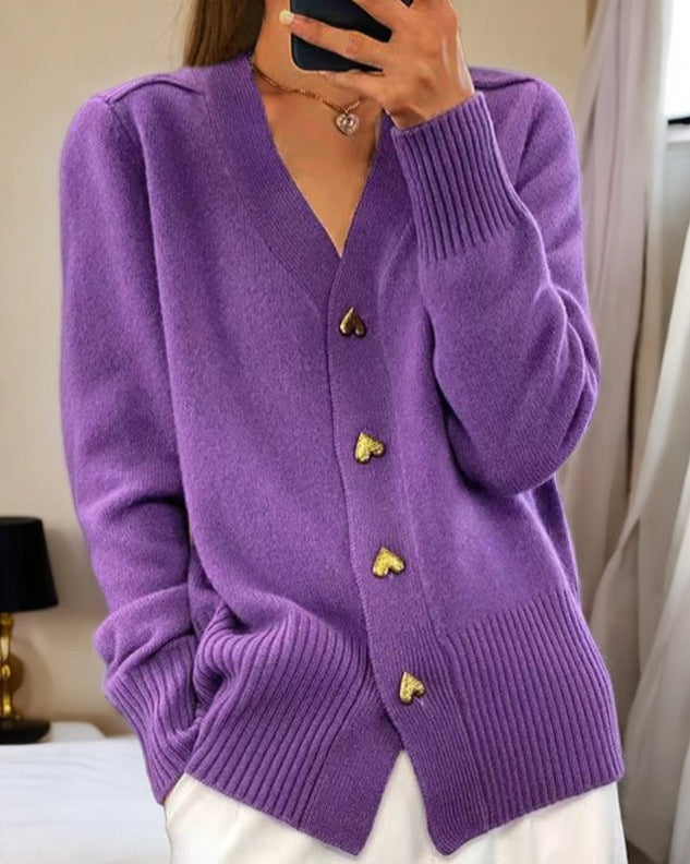 Cardigan à col en V avec boutons en forme de cœur pour femmes | Idéal pour l’automne