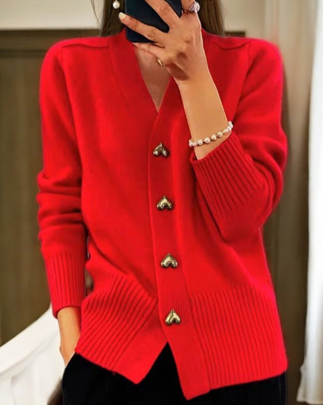 Cardigan à col en V avec boutons en forme de cœur pour femmes | Idéal pour l’automne