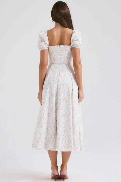 Robe Midi à Imprimé Floral avec Manches Bouffantes pour Femme | Idéale pour le Quotidien et les Promenades
