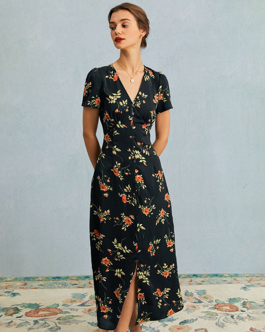 Robe Midi Avec Motif Floral Et Boutons Frontaux Pour Femme | Idéal Pour Usage Quotidien Et Occasions Décontractées