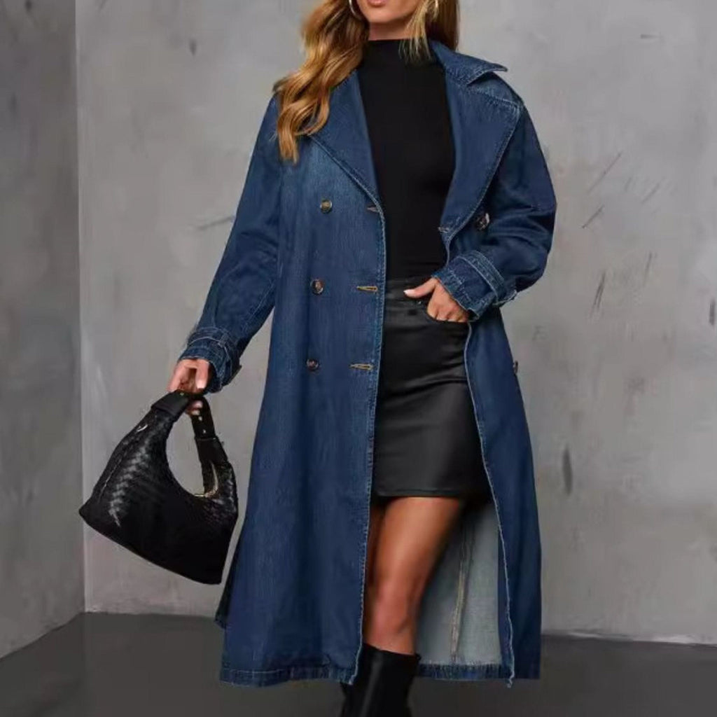 Trench Coat Long En Denim Avec Ceinture Intégrée Pour Femmes | Idéal Pour La Mi-Saison Et Les Tenues Quotidiennes