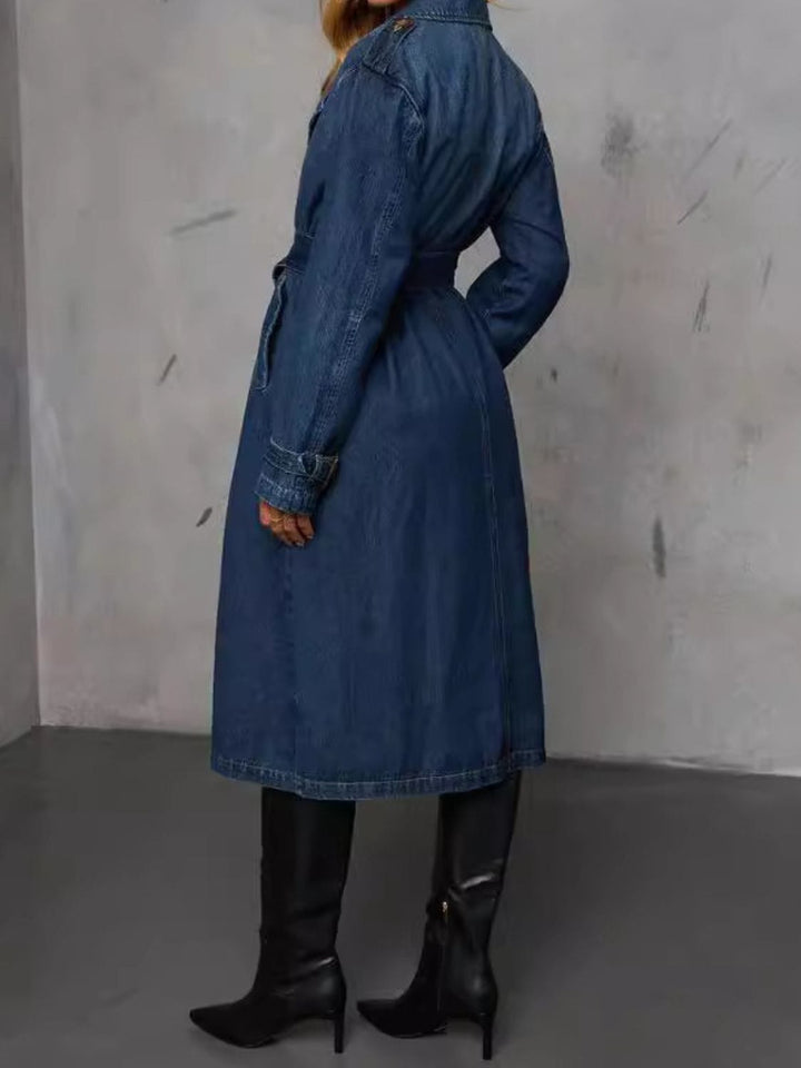 Trench Coat Long En Denim Avec Ceinture Intégrée Pour Femmes | Idéal Pour La Mi-Saison Et Les Tenues Quotidiennes