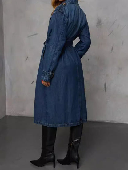 Trench Coat Long En Denim Avec Ceinture Intégrée Pour Femmes | Idéal Pour La Mi-Saison Et Les Tenues Quotidiennes