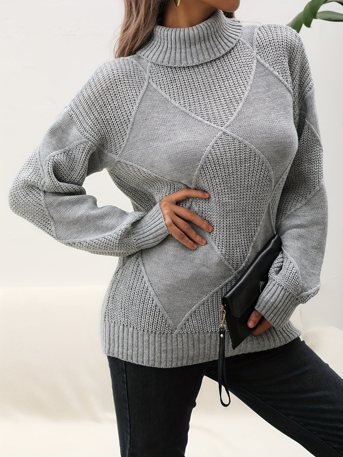 Pull col roulé à motif losange pour femmes