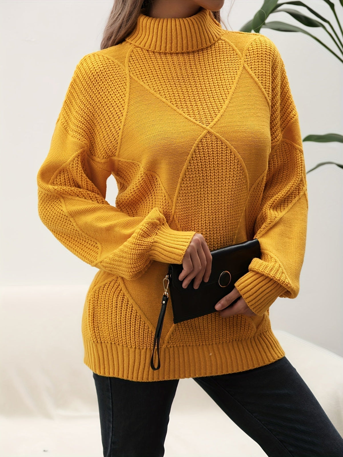 Pull col roulé à motif losange pour femmes