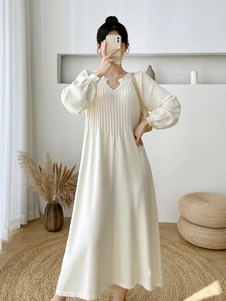Robe à Manches Longues et Col en V pour Femme | Idéale pour les Sorties et le Quotidien