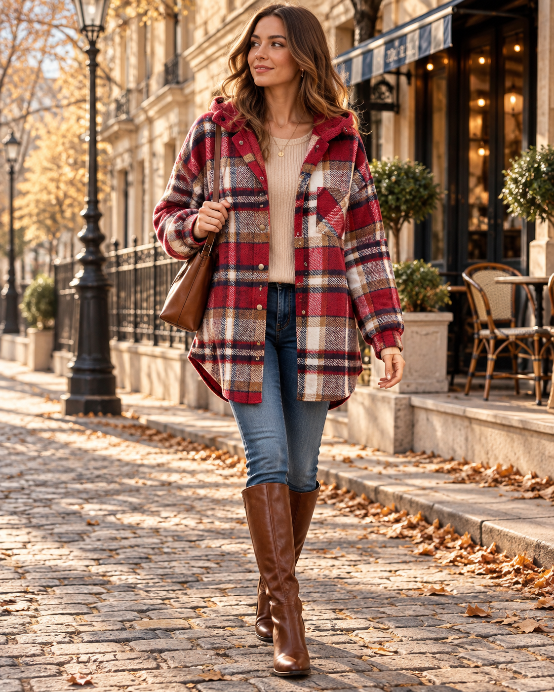 Veste à carreaux à capuche pour femmes