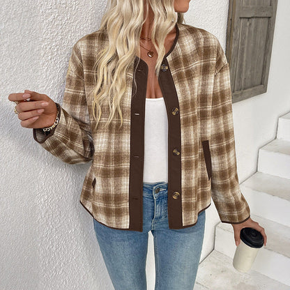 Veste à carreaux col rond pour femmes