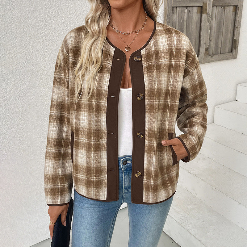 Veste à carreaux col rond pour femmes