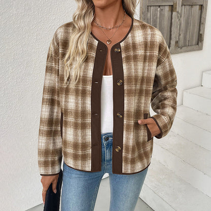 Veste à carreaux col rond pour femmes