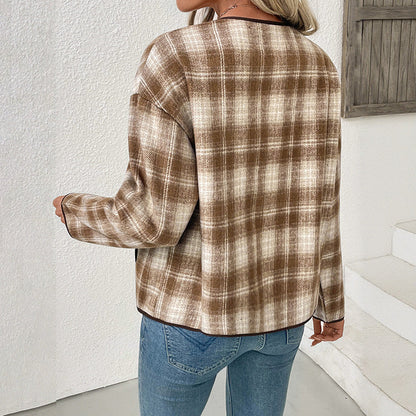 Veste à carreaux col rond pour femmes