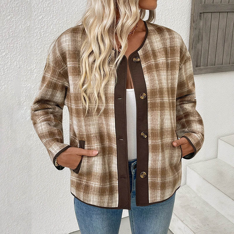 Veste à carreaux col rond pour femmes