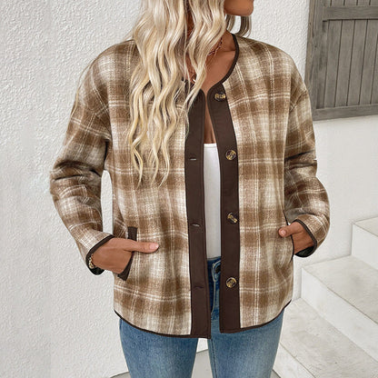 Veste à carreaux col rond pour femmes