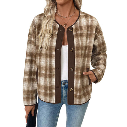 Veste à carreaux col rond pour femmes