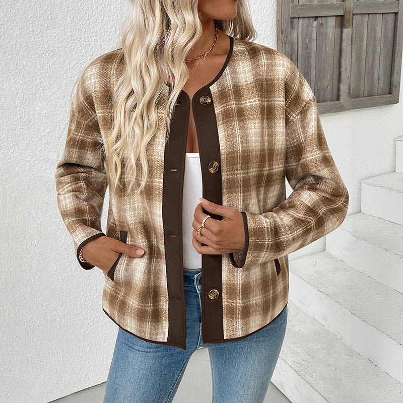 Veste à carreaux col rond pour femmes