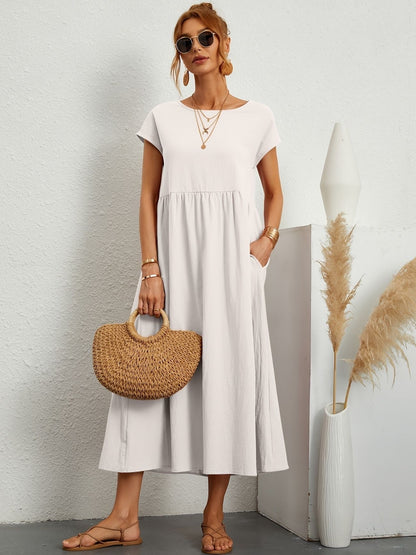 Robe Midi Ample À Manches Courtes Avec Poches Pour Femmes | Idéale Pour Les Journées D’été
