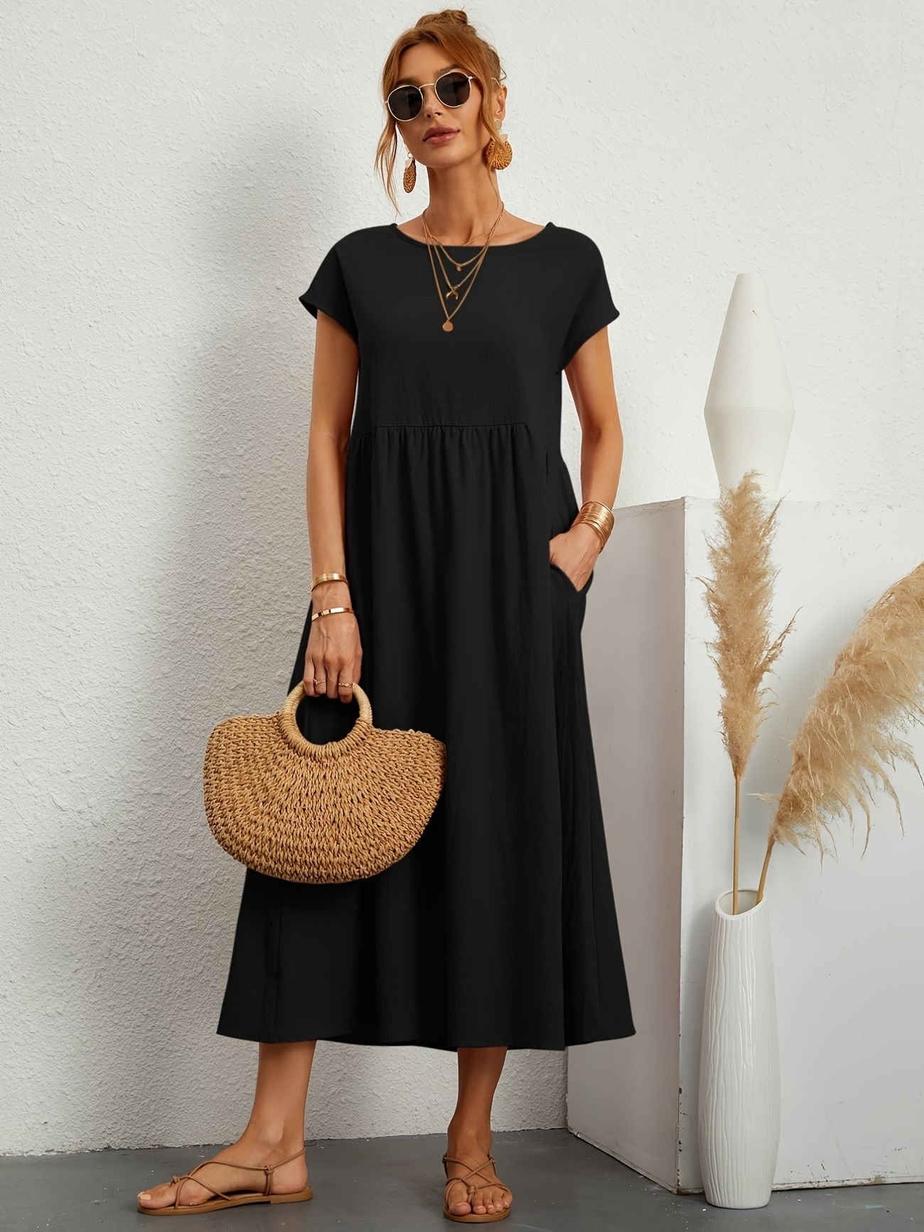 Robe Midi Ample À Manches Courtes Avec Poches Pour Femmes | Idéale Pour Les Journées D’été