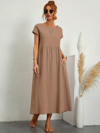 Robe Midi Ample À Manches Courtes Avec Poches Pour Femmes | Idéale Pour Les Journées D’été