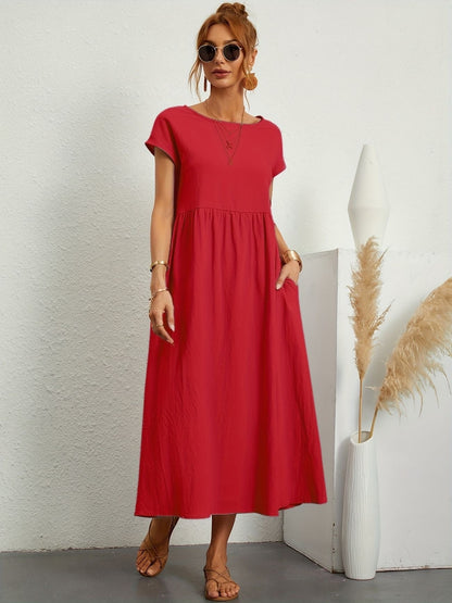 Robe Midi Ample À Manches Courtes Avec Poches Pour Femmes | Idéale Pour Les Journées D’été