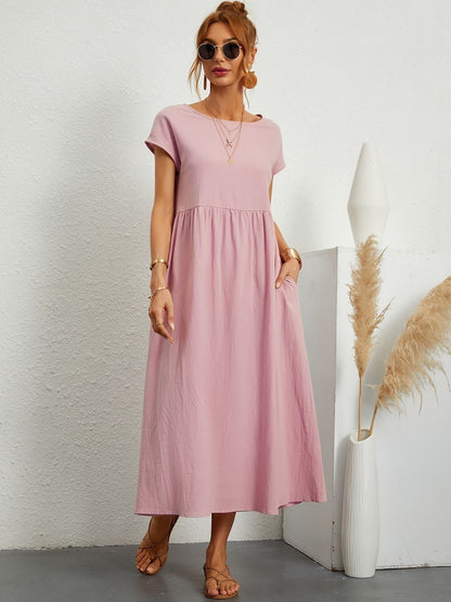Robe Midi Ample À Manches Courtes Avec Poches Pour Femmes | Idéale Pour Les Journées D’été