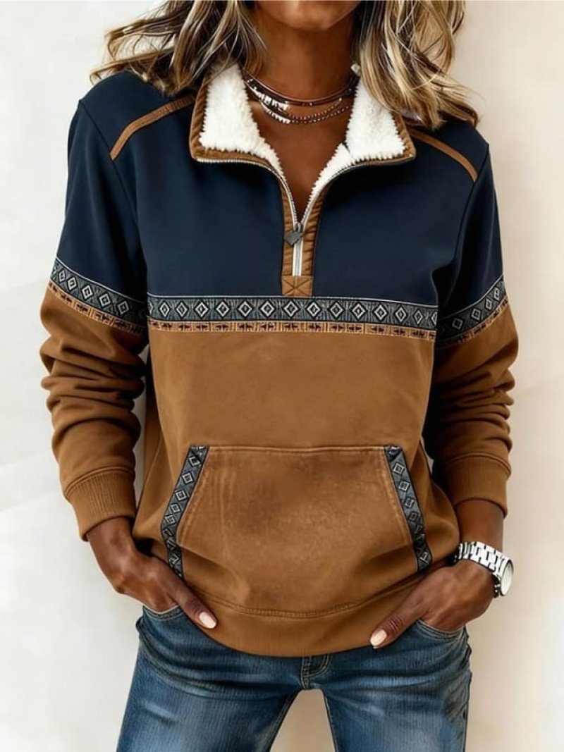 Sweat Femme Bicolore À Col Zippé Et Motif Géométrique | Ideal for Mi-saison