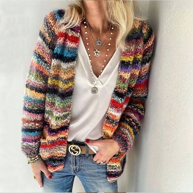 Cardigan Rayé Multicolore À Manches Longues Pour Femme | Idéal Pour L'automne Et L'hiver